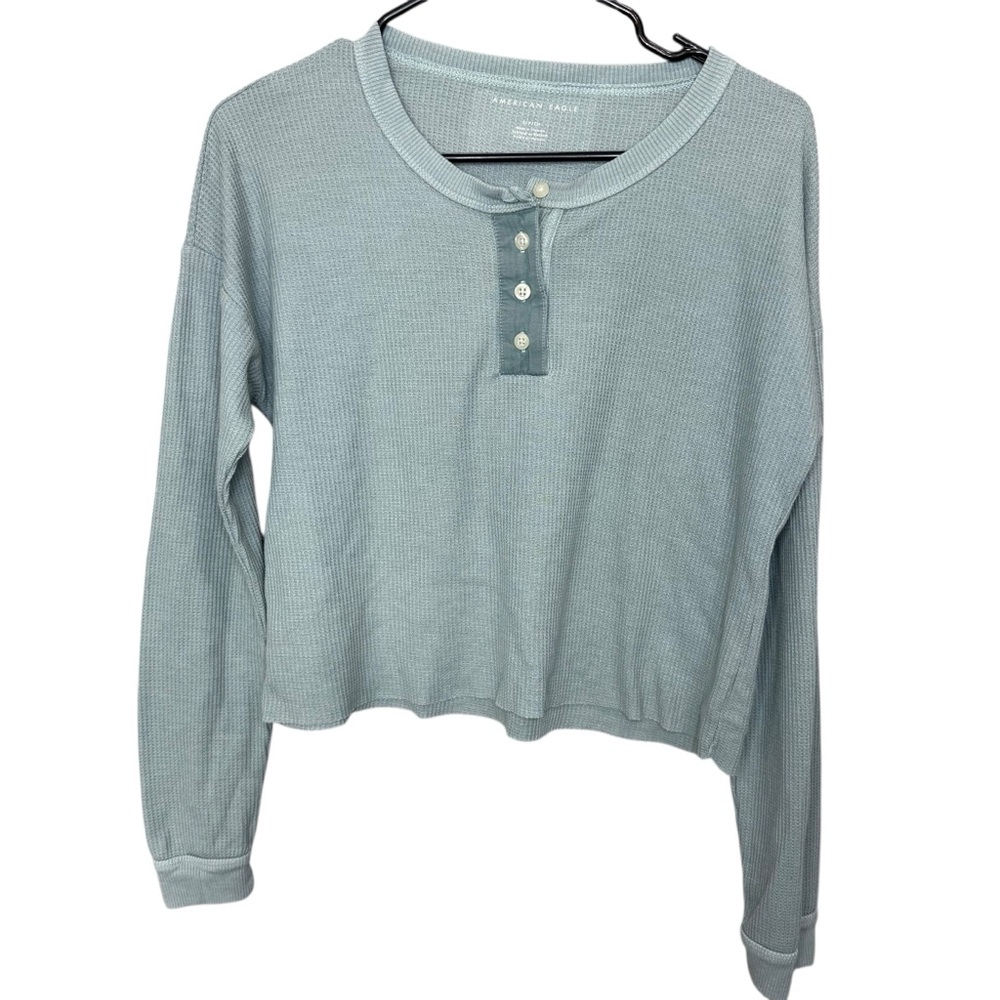 American Eagle‎ Outfitters teal/gray Long Sleeve Henley cropped size small